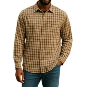 TIMBERLAND Mens Aged Washed Plaid Shirt Tan Brown Organic Cotton Long Sleeve XL